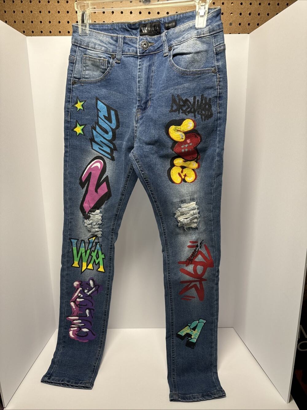 Waimea Graffiti Art Skinny Fit Jeans Distressed Stretch Denim Size 16 Boys/Teen